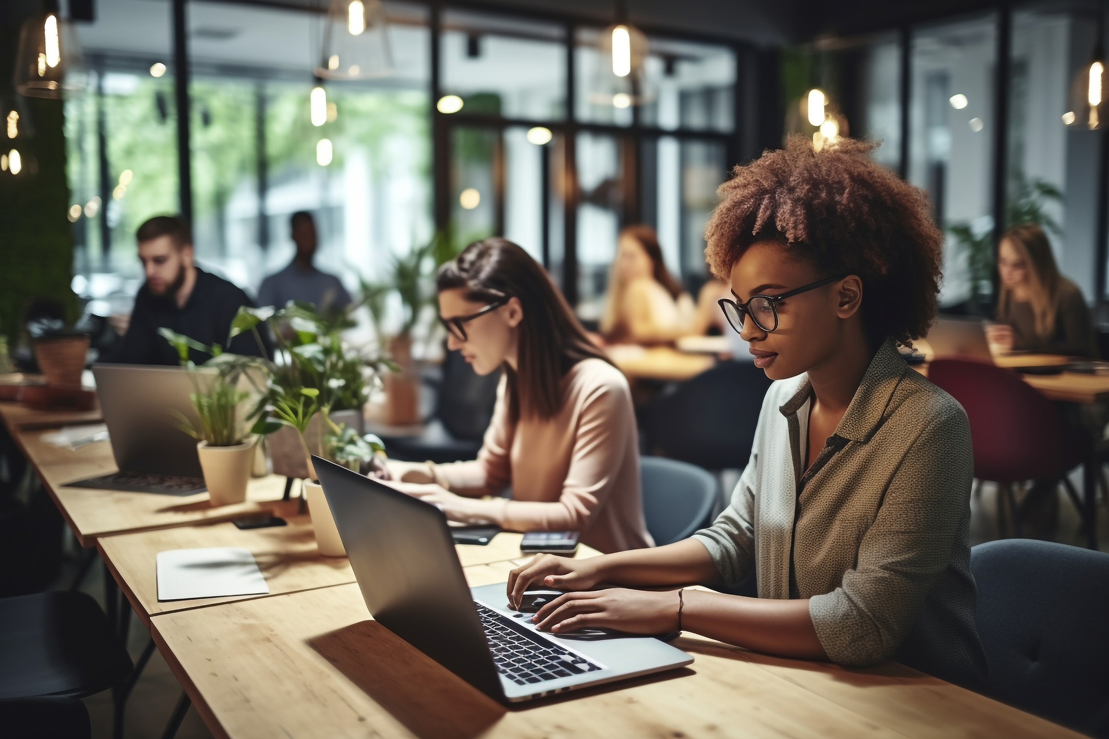 Menschen im Büro, die an ihren Laptops arbeiten